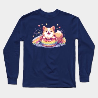 Pride Month Kawaii Corgi with Donut Pixel Art Long Sleeve T-Shirt